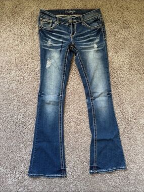 Amethyst Jeans Women's Faded Distressed Flare Jeans - Blue